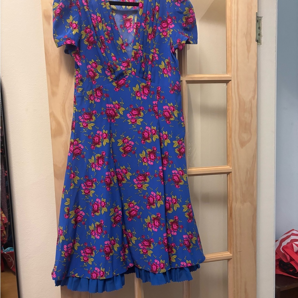 Betsy Johnson Blue Floral Fit-and-Flare Dress with Pink Roses
